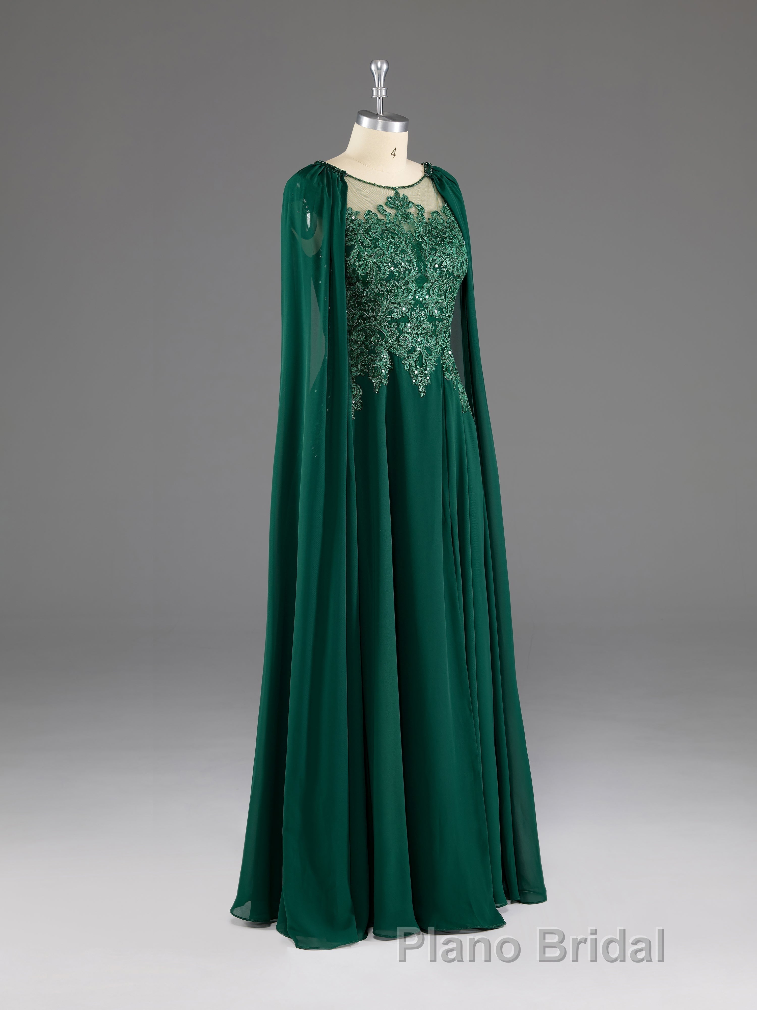 Dark Green A-Line Lace Appliques Chiffon Formal Prom Dresses