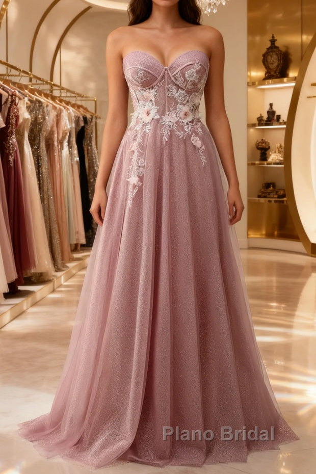 A-Line Sweetheart Neckline Long Formal Prom Dresses With Appliques