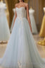 A-Line Tulle Lace Appliques Sweetheart Long Formal Prom Dresses, Strapless Evening Dresses