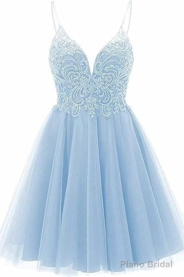 A-line Straps Appliques Tulle Short Homecoming Dresses