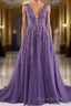 A-line V-Neck Lace Appliques Long Formal Prom Dresses