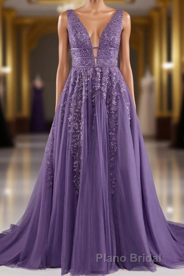 A-line V-Neck Lace Appliques Long Formal Prom Dresses Main image