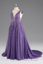 A-line V-Neck Lace Appliques Long Formal Prom Dresses