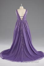 A-line V-Neck Lace Appliques Long Formal Prom Dresses