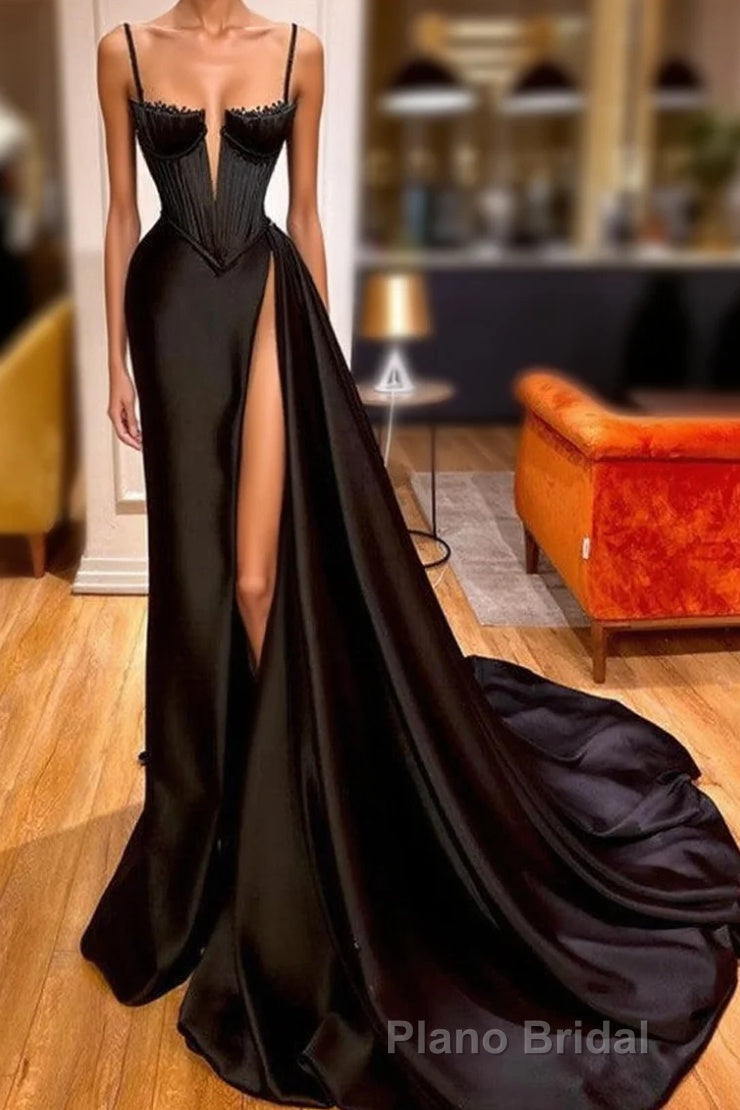 Gorgeous Black Spaghett-Straps Formal Prom Dresses With Slit Main image