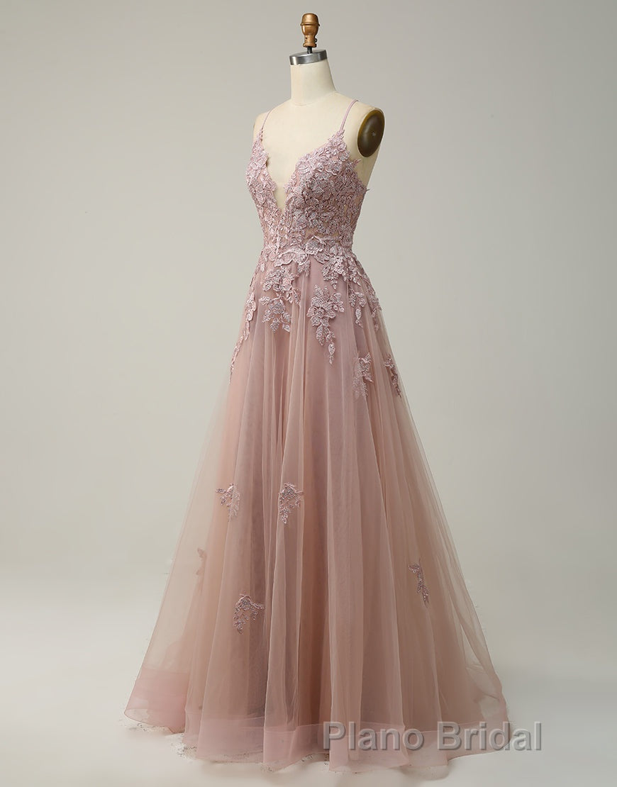 A-Line Tulle Spaghetti Straps Appliques Long Formal Prom Dresses with Alit