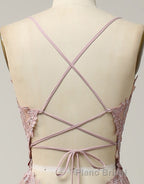 A-Line Tulle Spaghetti Straps Appliques Long Formal Prom Dresses with Alit