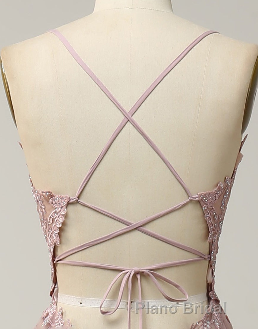 A-Line Tulle Spaghetti Straps Appliques Long Formal Prom Dresses with Alit