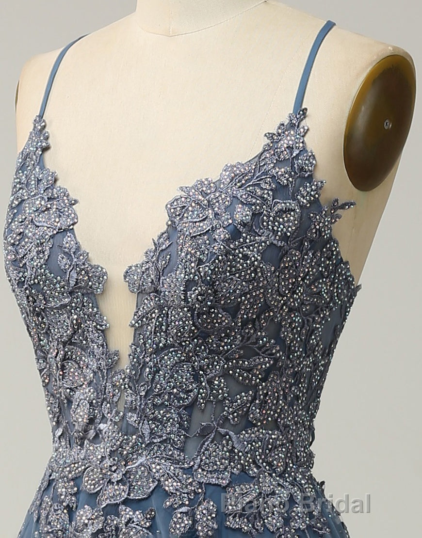 A-Line Tulle Spaghetti Straps Appliques Long Formal Prom Dresses with Alit