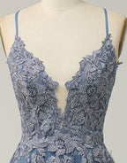 A-Line Tulle Spaghetti Straps Appliques Long Formal Prom Dresses with Alit