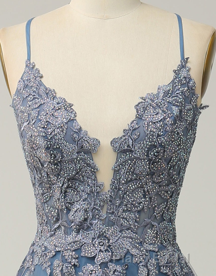 A-Line Tulle Spaghetti Straps Appliques Long Formal Prom Dresses with Alit