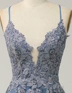 A-Line Tulle Spaghetti Straps Appliques Long Formal Prom Dresses with Alit
