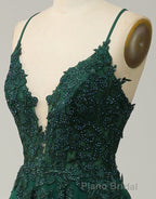 A-Line Tulle Spaghetti Straps Appliques Long Formal Prom Dresses with Alit