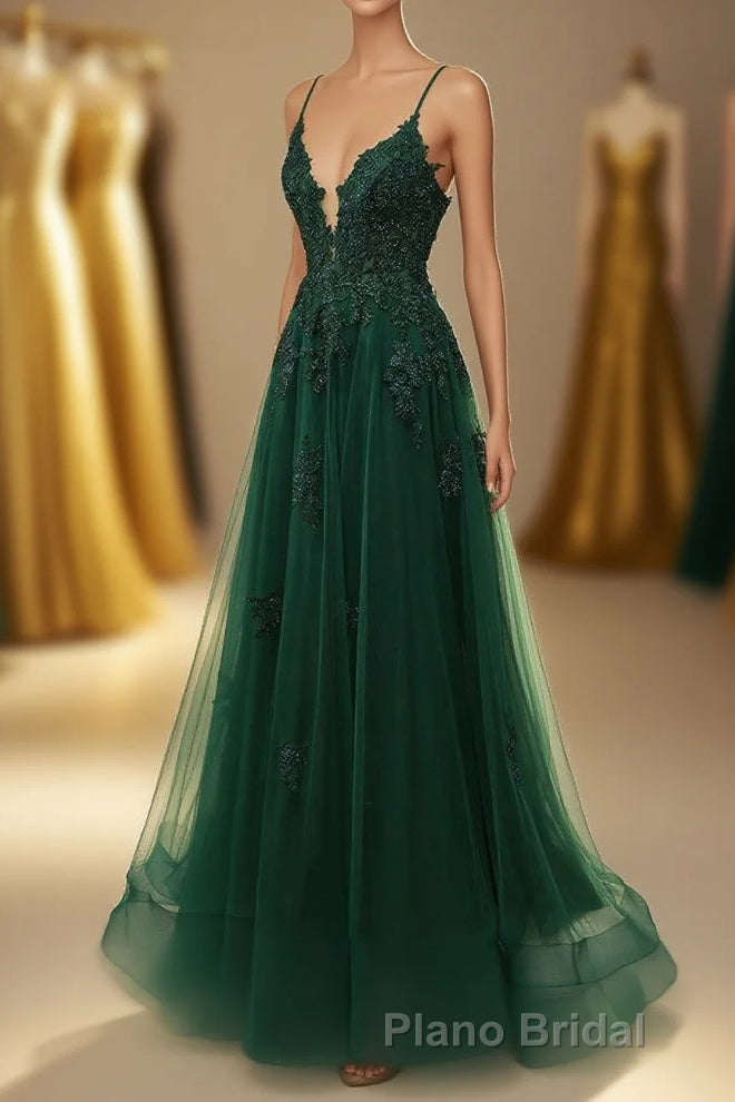 A-Line Tulle Spaghetti Straps Appliques Long Formal Prom Dresses with Alit Main image