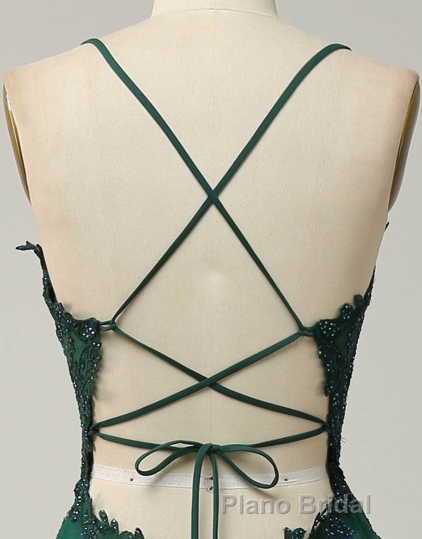 A-Line Tulle Spaghetti Straps Appliques Long Formal Prom Dresses with Alit