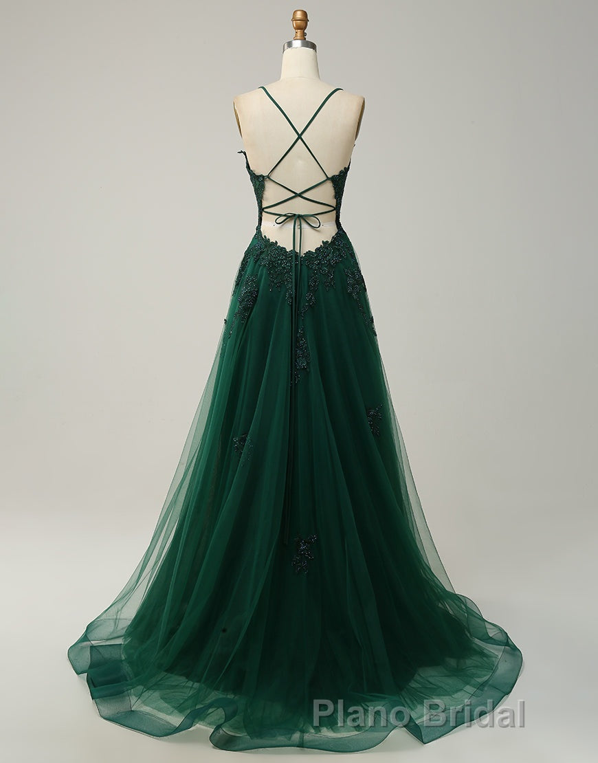 A-Line Tulle Spaghetti Straps Appliques Long Formal Prom Dresses with Alit