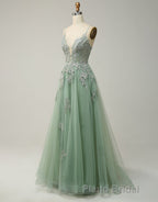 A-Line Tulle Spaghetti Straps Appliques Long Formal Prom Dresses with Alit
