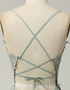 A-Line Tulle Spaghetti Straps Appliques Long Formal Prom Dresses with Alit