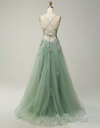 A-Line Tulle Spaghetti Straps Appliques Long Formal Prom Dresses with Alit