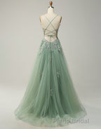 A-Line Tulle Spaghetti Straps Appliques Long Formal Prom Dresses with Alit