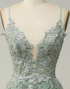 A-Line Tulle Spaghetti Straps Appliques Long Formal Prom Dresses with Alit