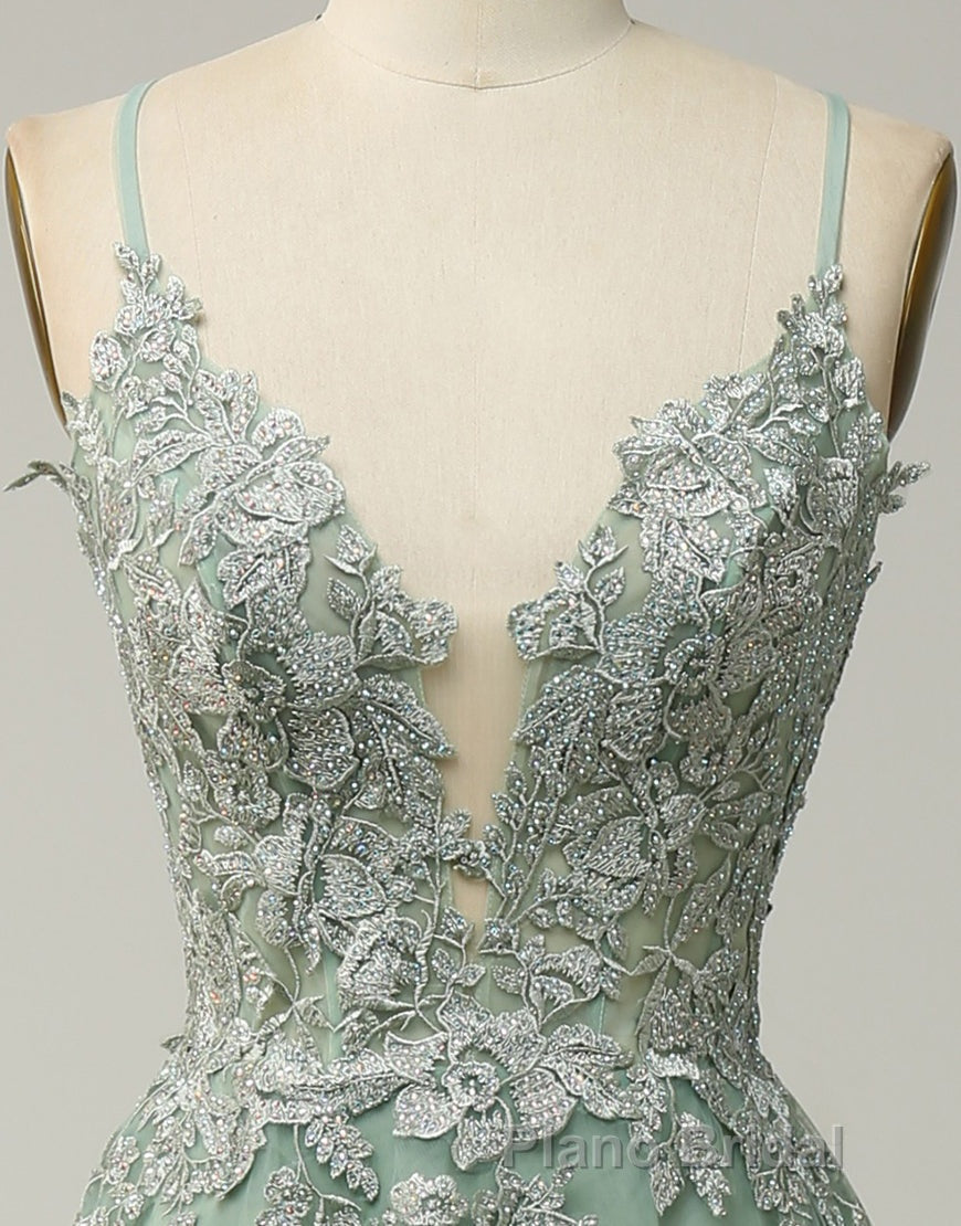 A-Line Tulle Spaghetti Straps Appliques Long Formal Prom Dresses with Alit