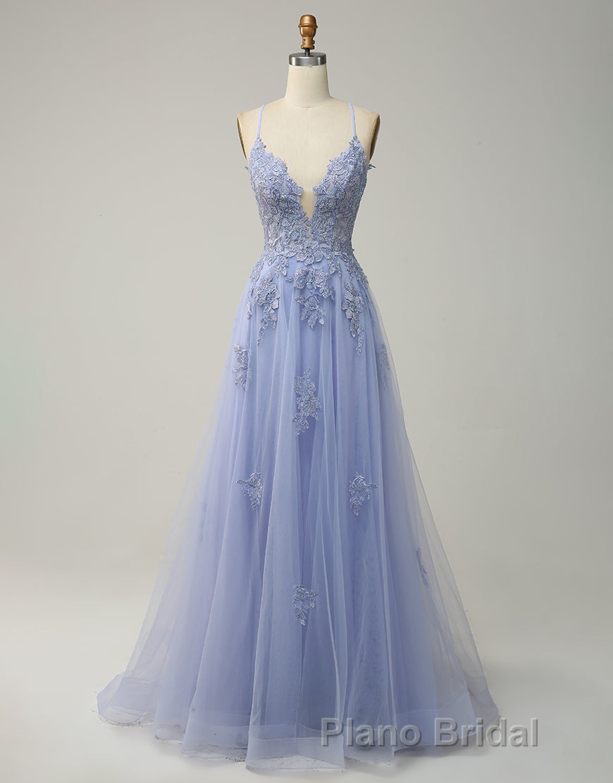 A-Line Tulle Spaghetti Straps Appliques Long Formal Prom Dresses with Alit