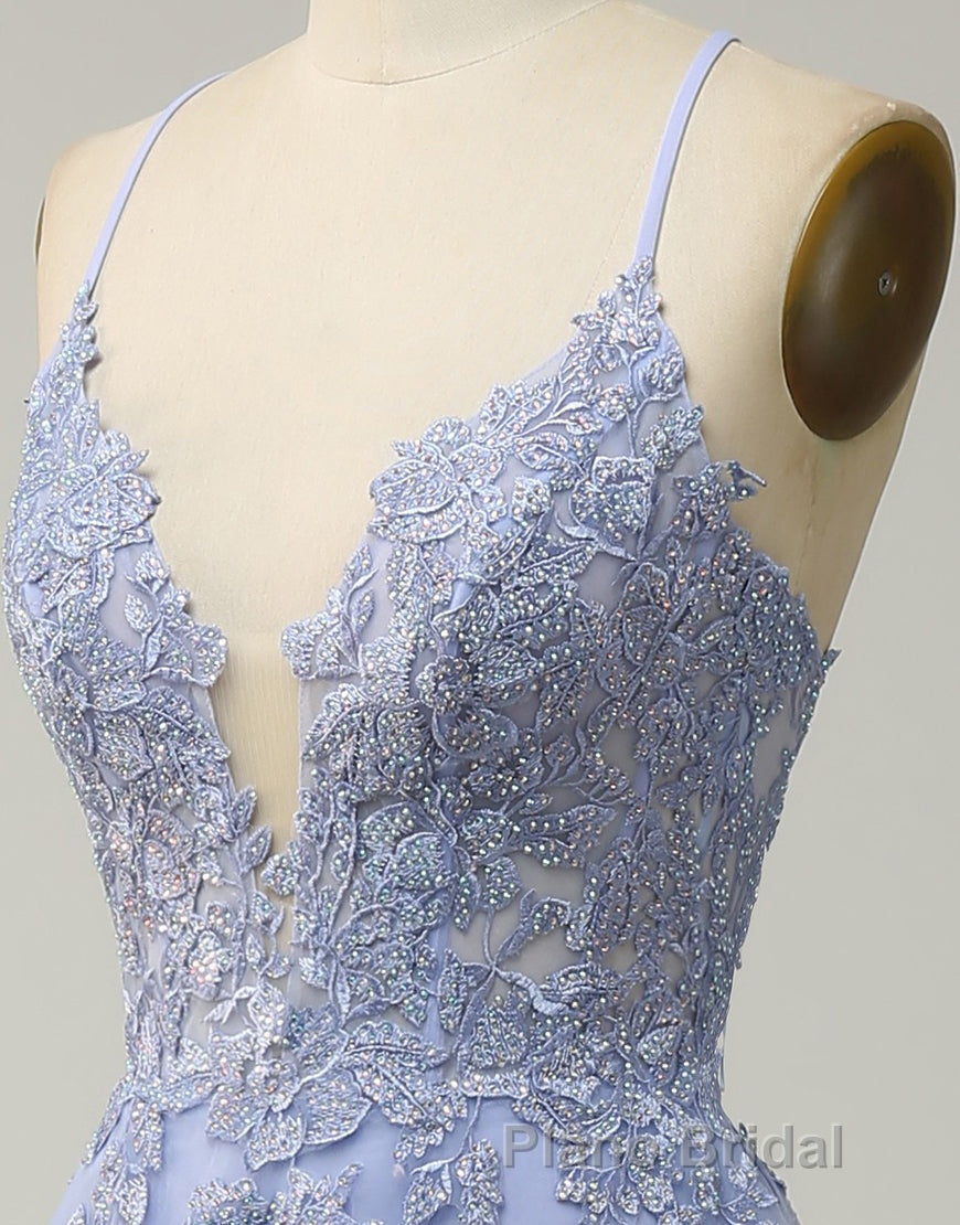 A-Line Tulle Spaghetti Straps Appliques Long Formal Prom Dresses with Alit