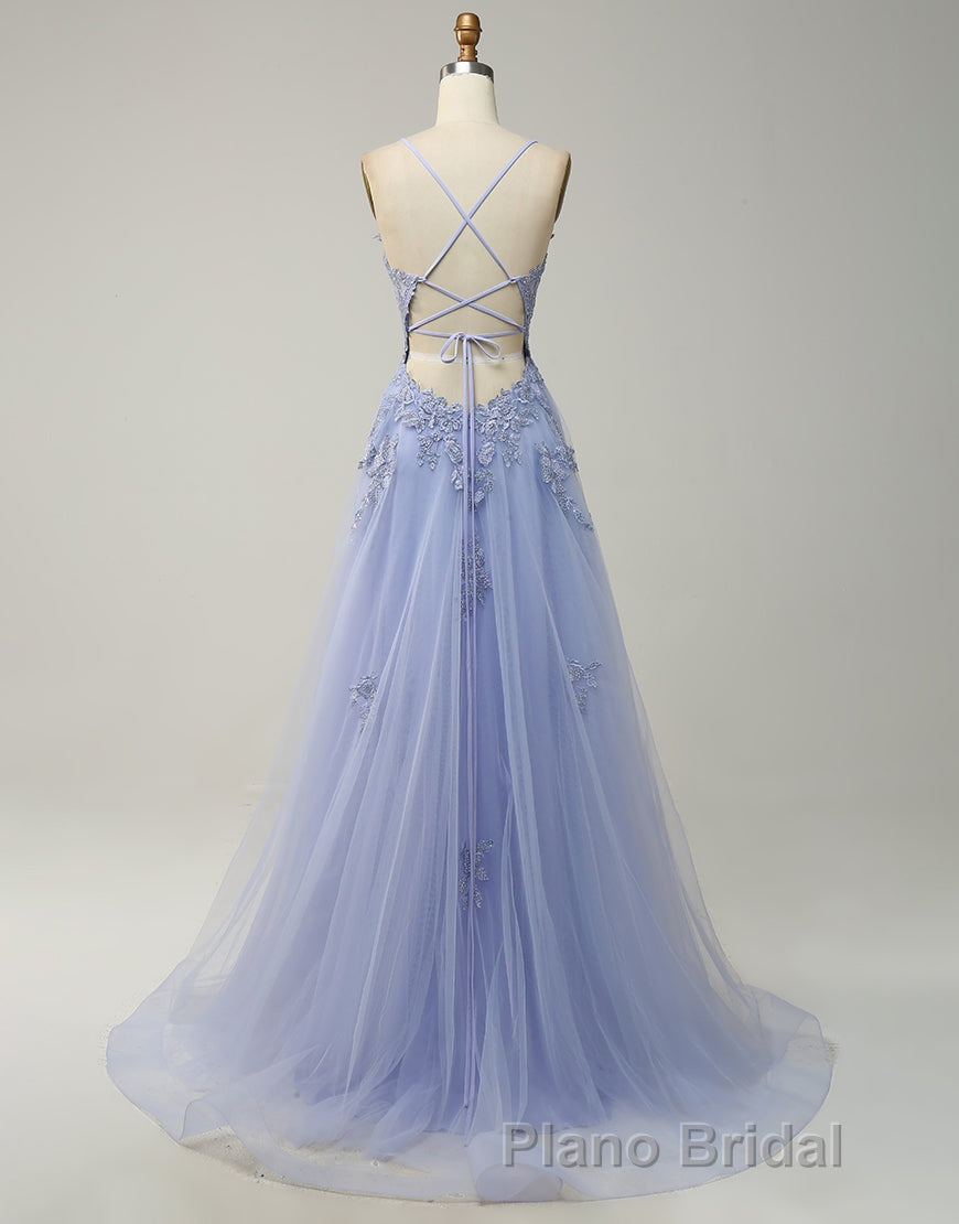 A-Line Tulle Spaghetti Straps Appliques Long Formal Prom Dresses with Alit
