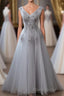 Grey V-Neckline Tulle With Lace Long Prom Dresses, Grey A-Line Formal Prom Dresses