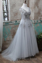 Grey V-Neckline Tulle With Lace Long Prom Dresses, Grey A-Line Formal Prom Dresses