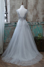 Grey V-Neckline Tulle With Lace Long Prom Dresses, Grey A-Line Formal Prom Dresses