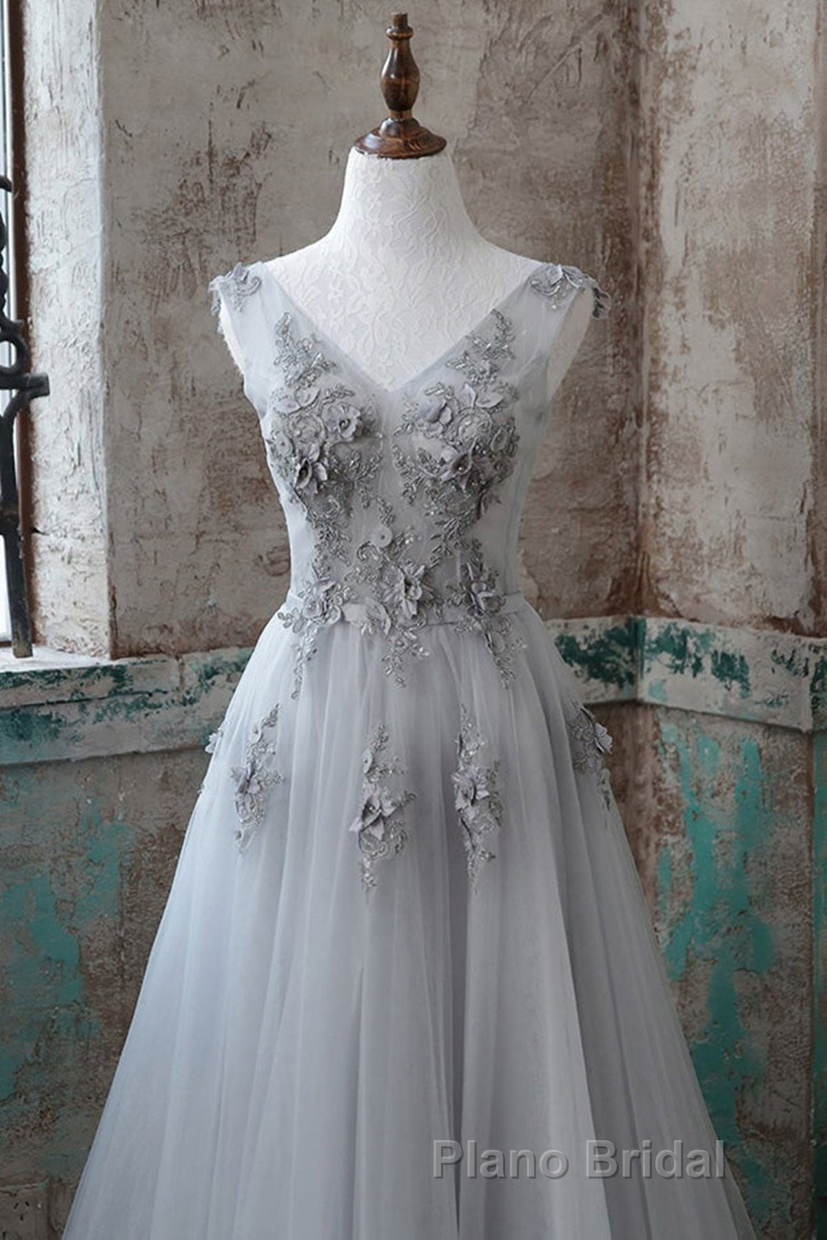 Grey V-Neckline Tulle With Lace Long Prom Dresses, Grey A-Line Formal Prom Dresses Secondary image