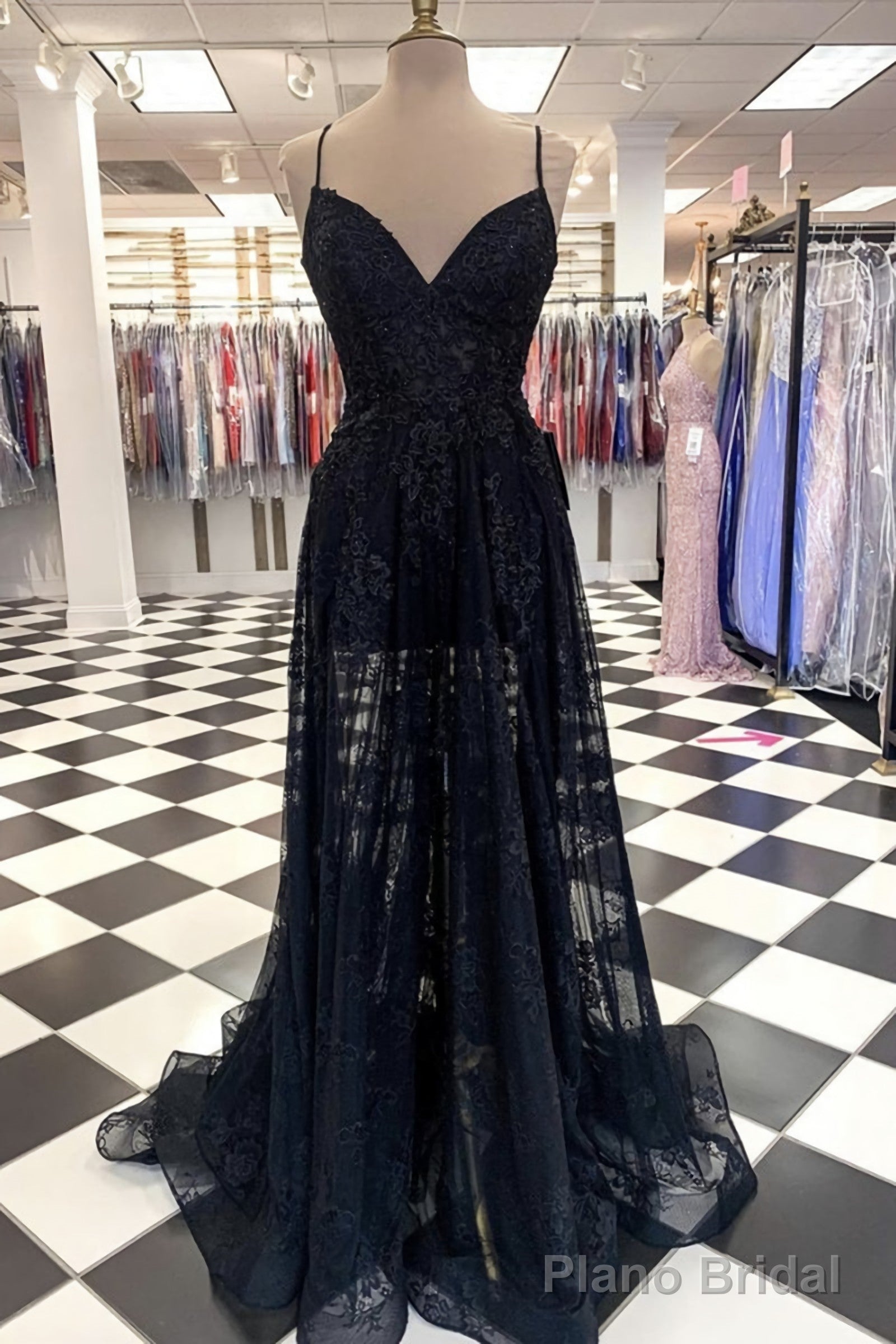 A Line V Neck Long Black Lace Evening Dress, Black Lace Formal Prom Dresses Main image