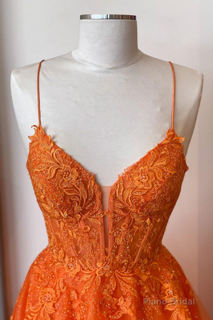 A Line V Neck Orange Lace Long Prom Dress, Orange Lace Formal Dress, Orange Evening Dress