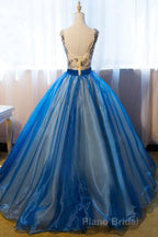 UniqueDressess Puffy V Neck Organza Applique Modest Formal Prom Dresses Evening Dresses