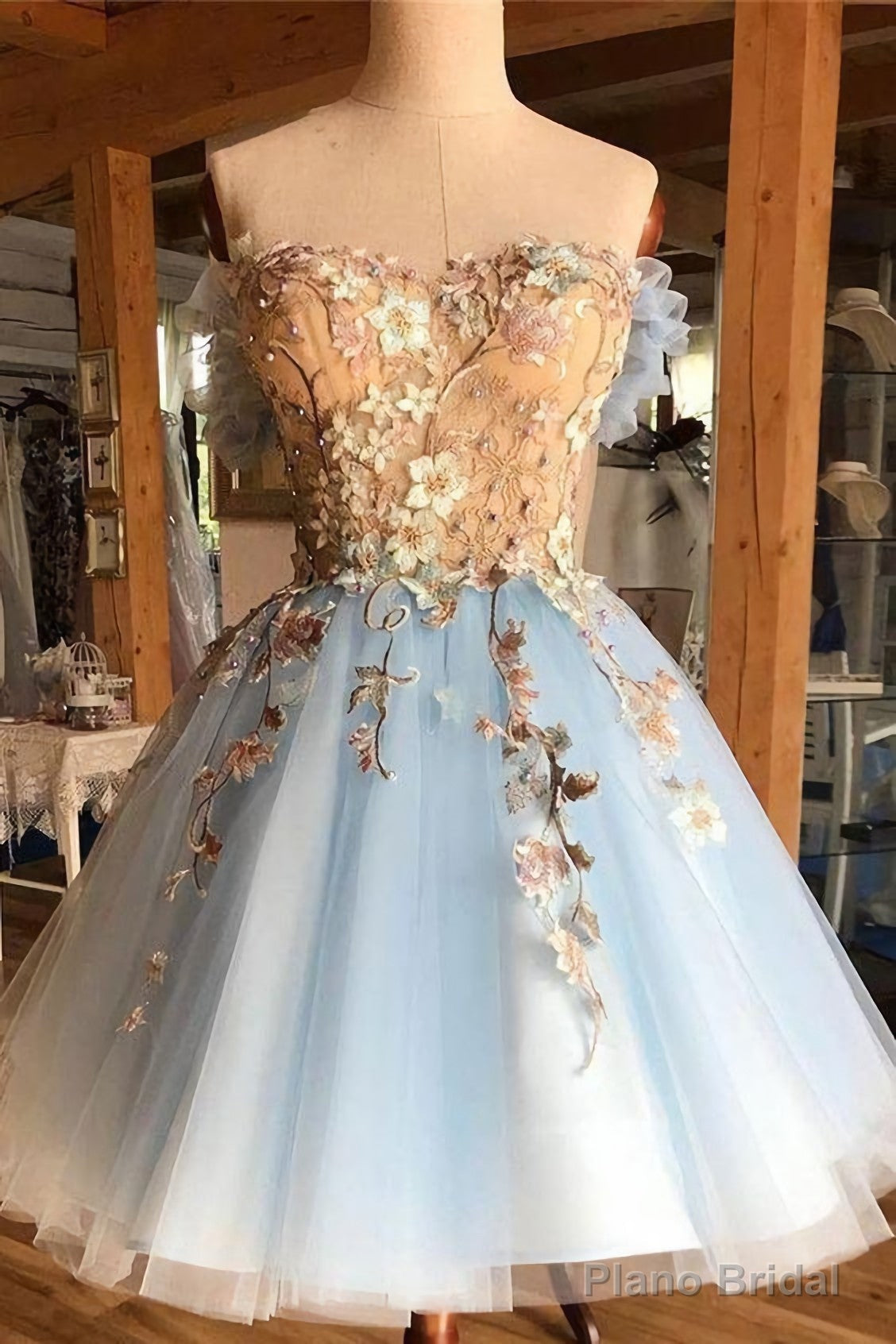 A Line Light Blue Off The Shoulder Above Knee Homecoming Prom Dresses With Appliques Secondary image