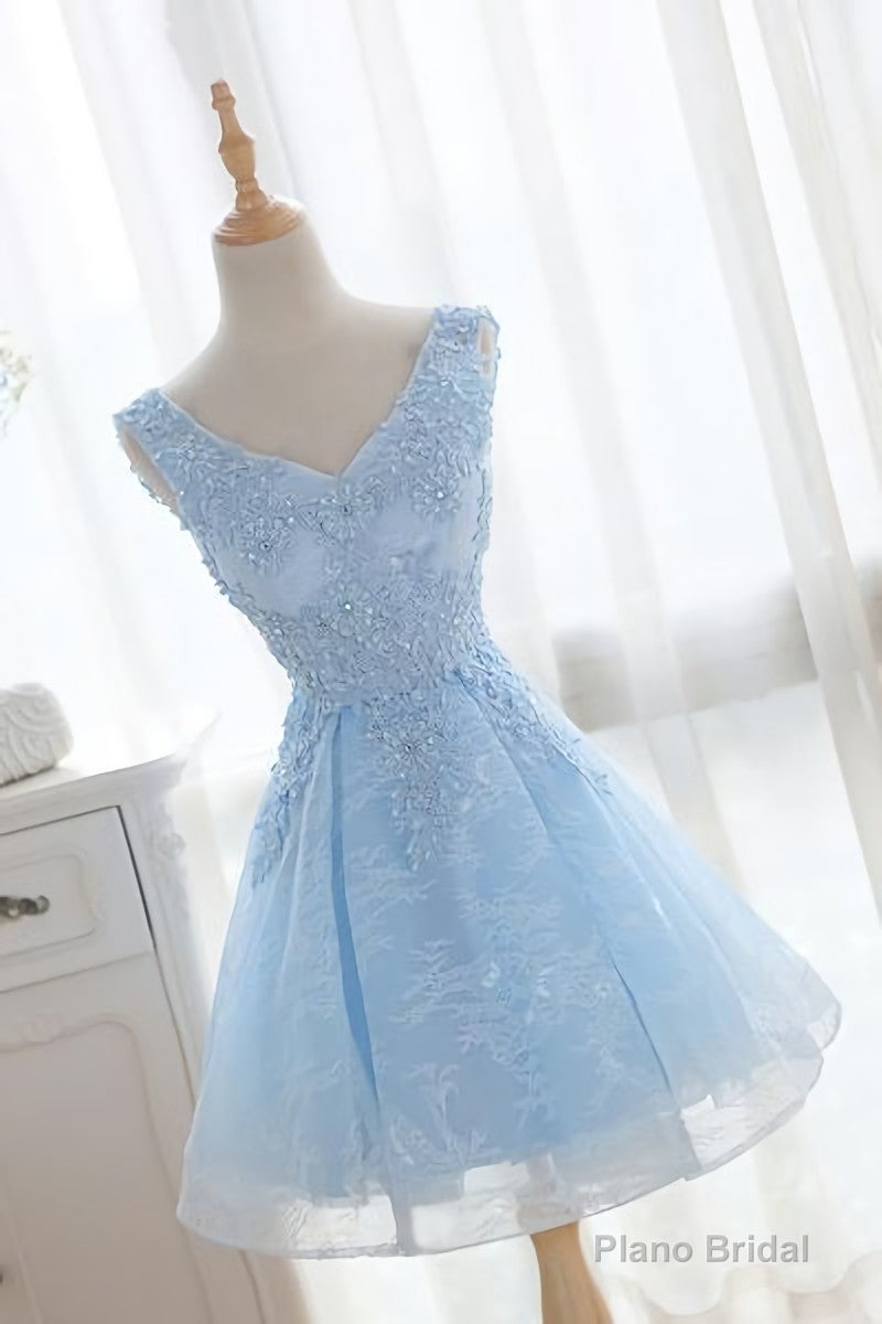 Light Blue Cute V Neckline Lace Short Party Dress, Lace Formal Dress, Lace Party Dresses, B0622 Secondary image