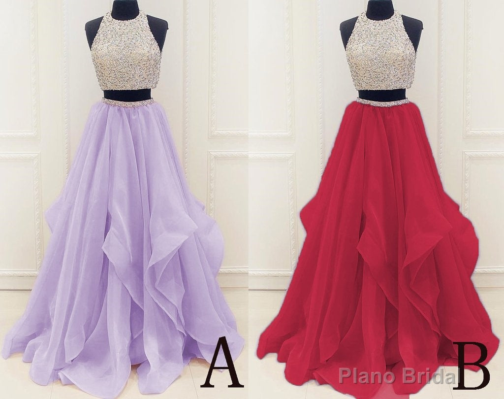 Two Piece High Neck Burgundy Prom Dress, Beaded Open Back Evening Gowns Main image