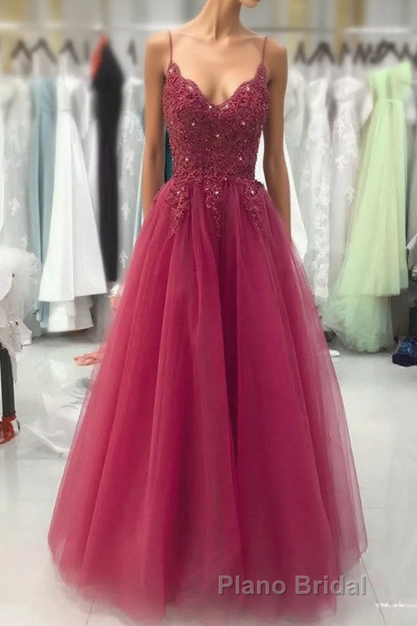 Wine Red Tulle Straps Lace Applique Long Prom Dresses, Wine Red Formal Prom Dresses