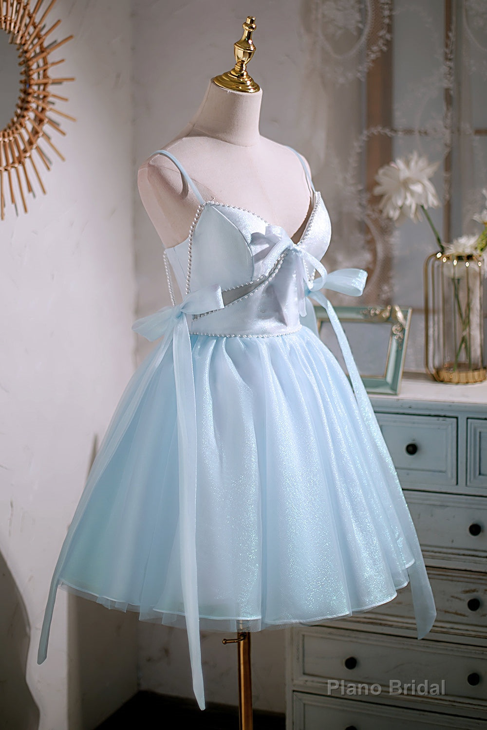 Cute Sky Blue Beading Bowknot Short Princess Homecoming Dresses Main image
