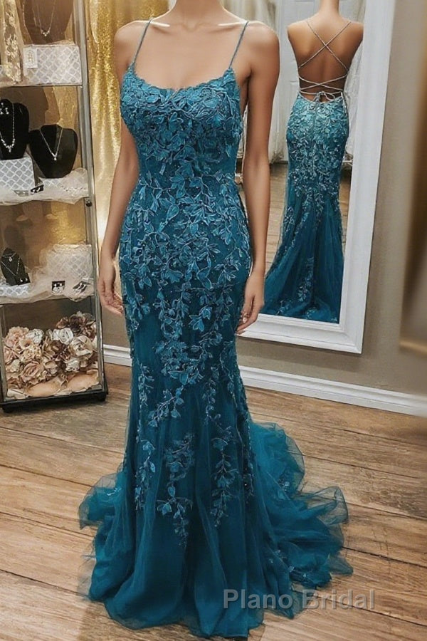 Mermaid Teal Lace Backless Mermaid Dark Teal Lace Long Formal Prom Dresses Long Formal Evening Dresses Main image