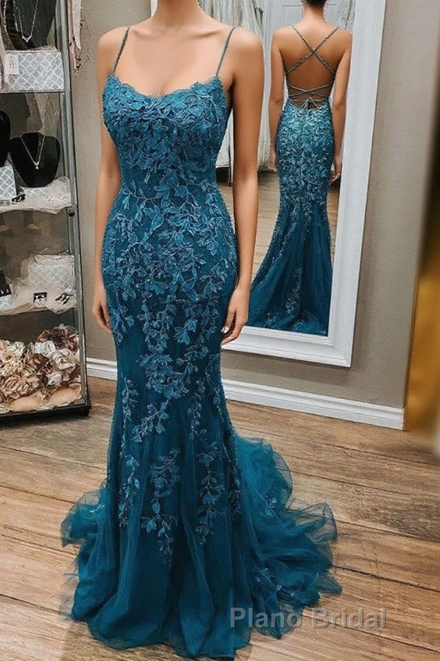 Mermaid Lace Appliques Straps Long Formal Prom Dresses Evening Dresses Main image
