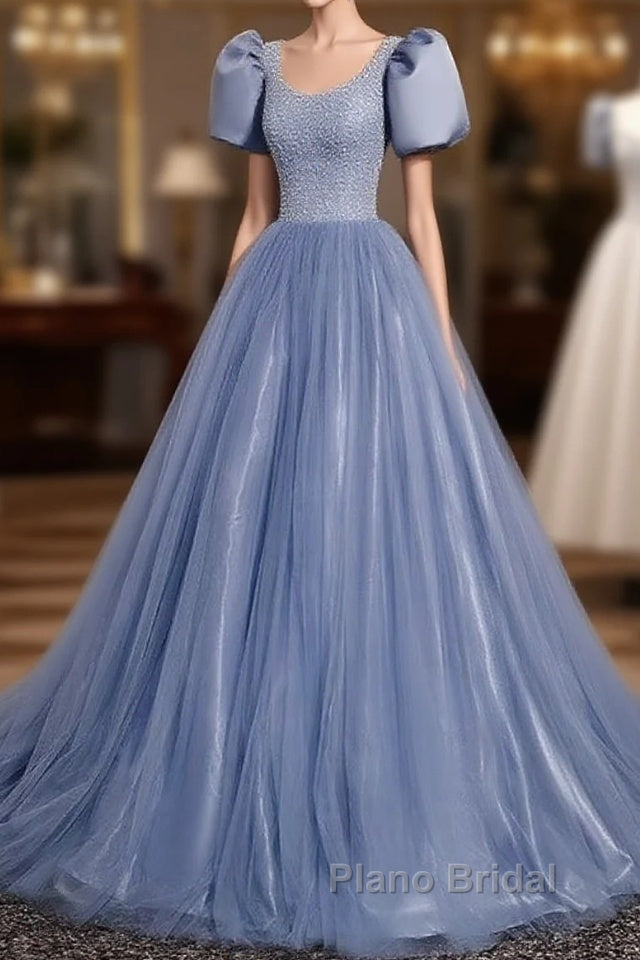 Ball Gown Dusty Blue Formal Prom Dresses with Bubble Sleeves Main image