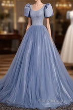Ball Gown Dusty Blue Formal Prom Dresses with Bubble Sleeves