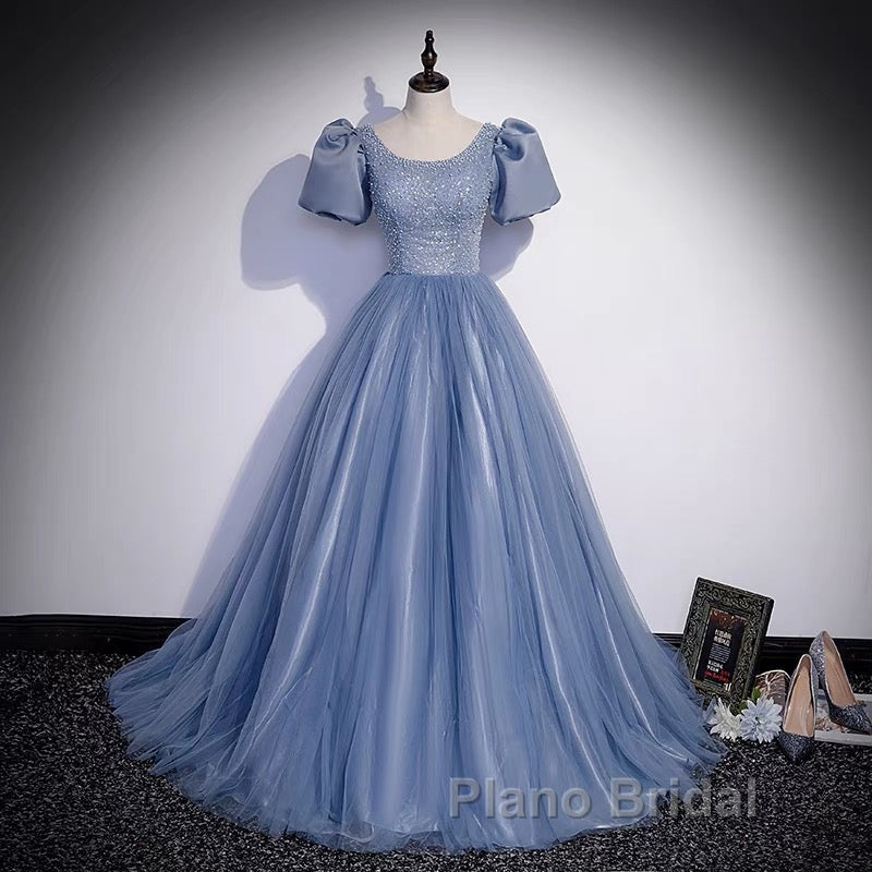 Ball Gown Dusty Blue Formal Prom Dresses with Bubble Sleeves Secondary image