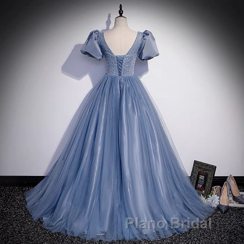 Ball Gown Dusty Blue Formal Prom Dresses with Bubble Sleeves