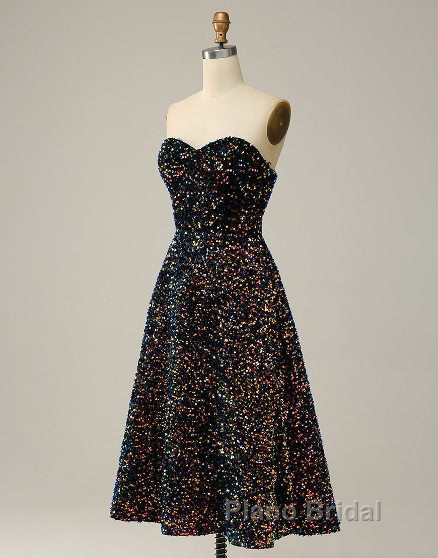 Black A-Line Tea Length Strapless Glitter Sequin Party Dresses Secondary image