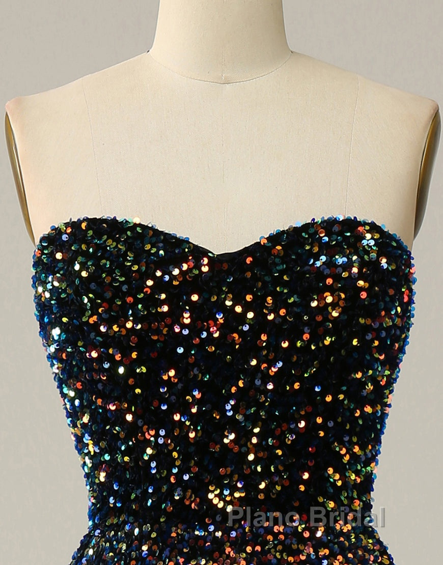Black A-Line Tea Length Strapless Glitter Sequin Party Dresses