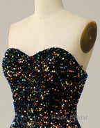 Black A-Line Tea Length Strapless Glitter Sequin Party Dresses